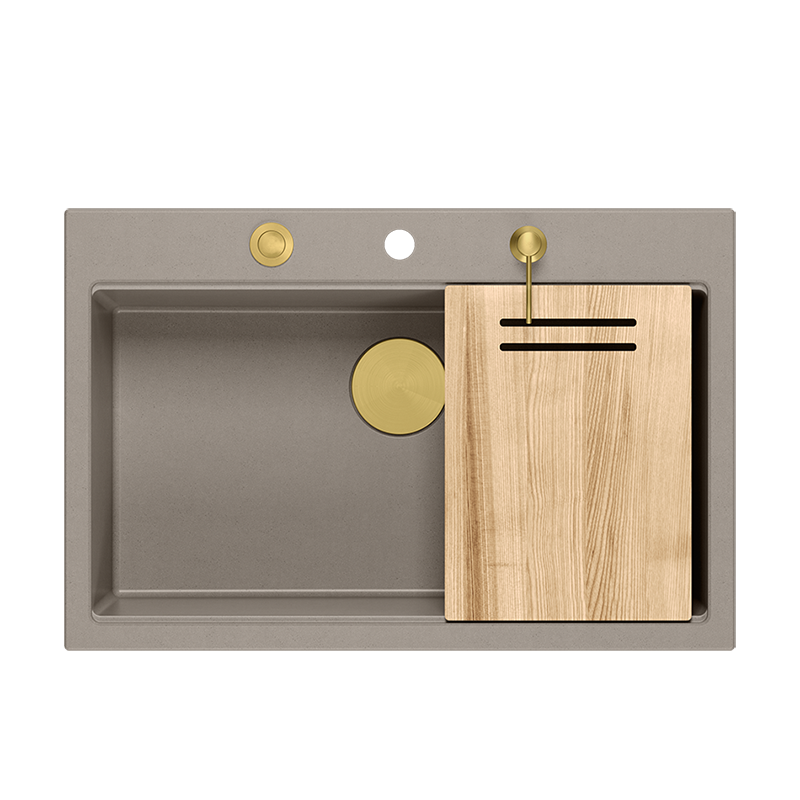 Zlewozmywak granitowy Quadrton MARC 76x50 soft taupe szarobeżowy+ Nano ZŁOTO PVD