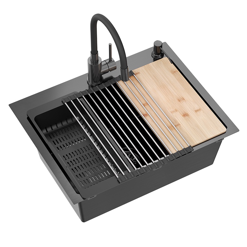 QUADRON LUKE 110 WORKSTATION zlewozmywak black metal (58x45x20) z syfonem 1-komorowy b/o + Qmata + Wkładka + Dozownik + Deska + bateria z elastyczną wylewką black metal
