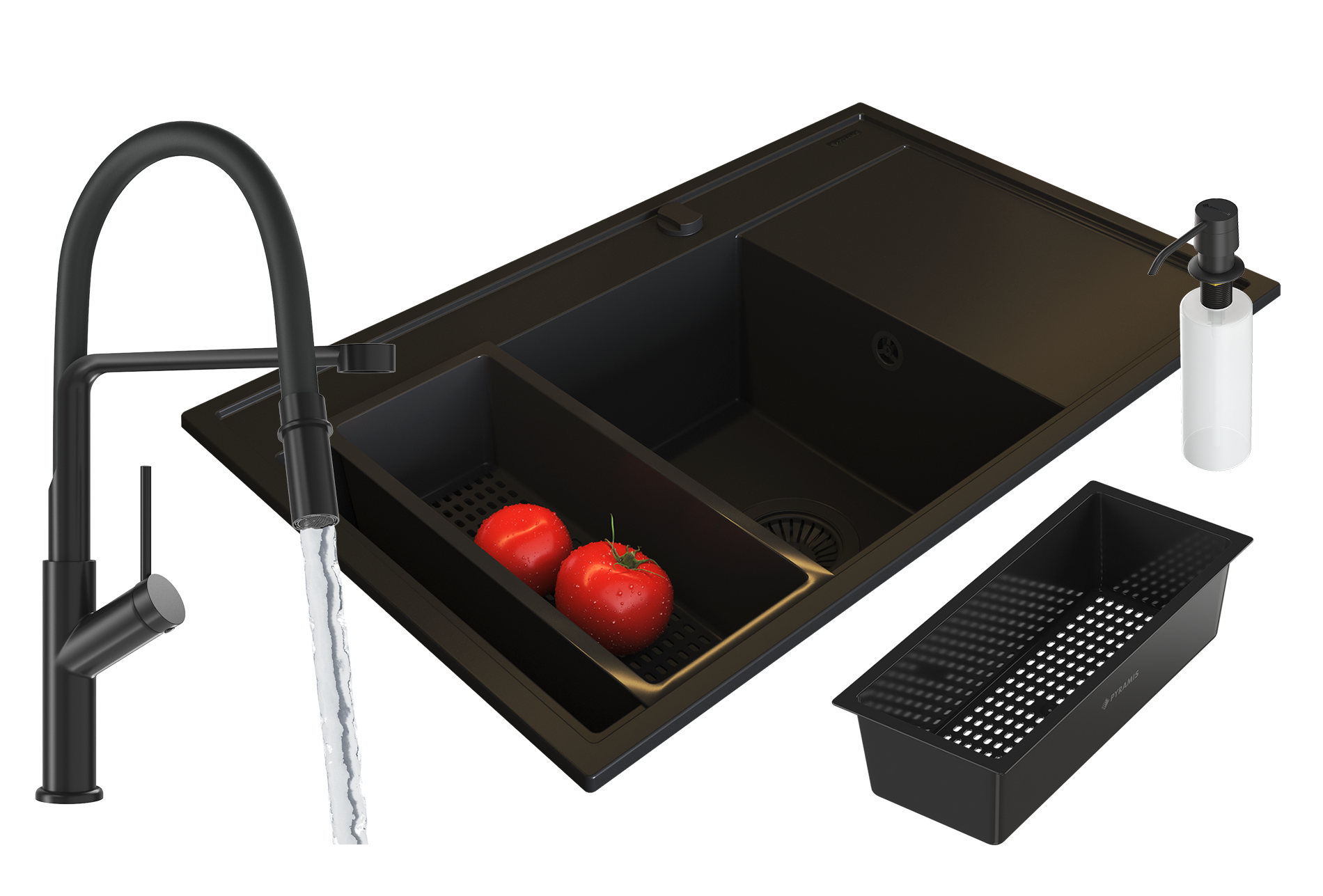 Zlew Granitowy PYRAMIS CAMEA (79x50) LEWY Black Edition + Bateria FLEXOS