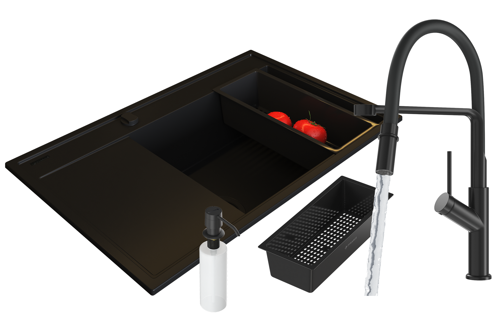 Pyramis zlew granitowy CAMEA (79x50) prawy BLACK EDITION+ Bateria FLEXOS